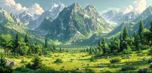 A serene mountain landscape with a touch of modernity Generative AI