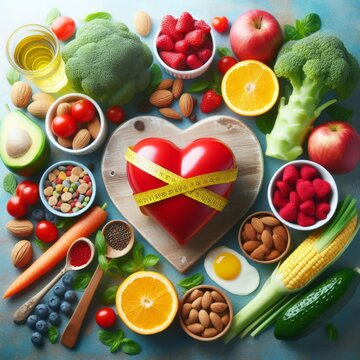 Nutritious foods arranged around a heart with a measuring tape, depicting health consciousness