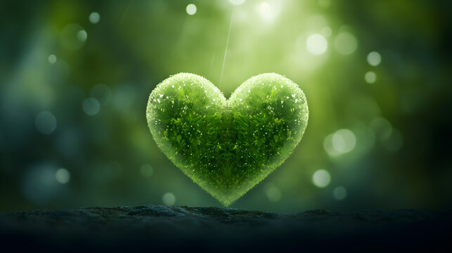 Green beautiful heart ecological on green background with bokeh
