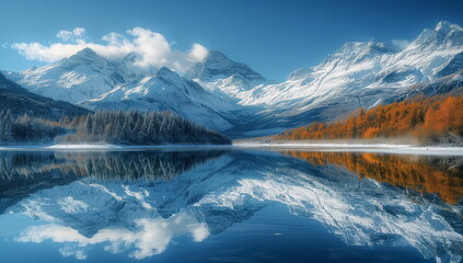 Hyper Realistic painting of Lake and mountains reflection in water, Stunning winter landscape, A serene mountain lake mirroring the snow-capped peaks.  Stunning photo. Generated AI.