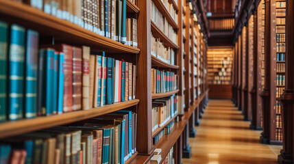 Bookshelves in the library. Selective focus.