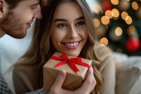 Valentine's Day surprise moment is captured as a man lovingly covers a woman's eyes while presenting her with a gift box adorned with a red ribbon, suggesting a special occasion or celebration