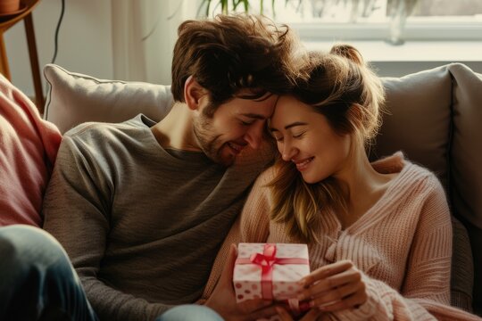 Valentine's Day surprise moment is captured as a man lovingly covers a woman's eyes while presenting her with a gift box adorned with a red ribbon, suggesting a special occasion or celebration