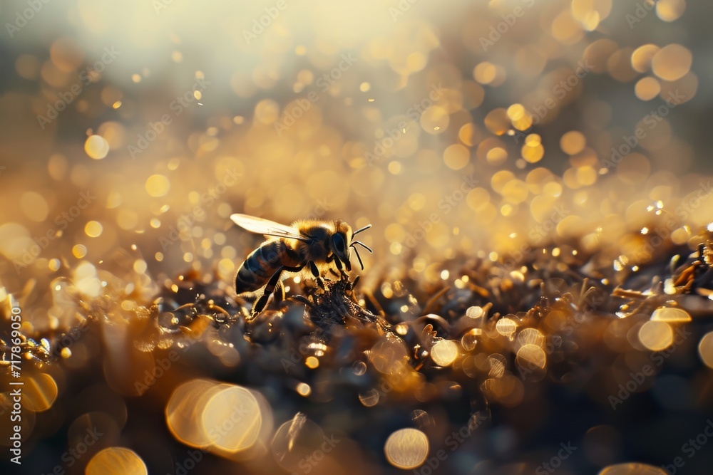Poster in a realm where fantasy blurs with the micro wonders of nature, a single bee is captured in sharp r