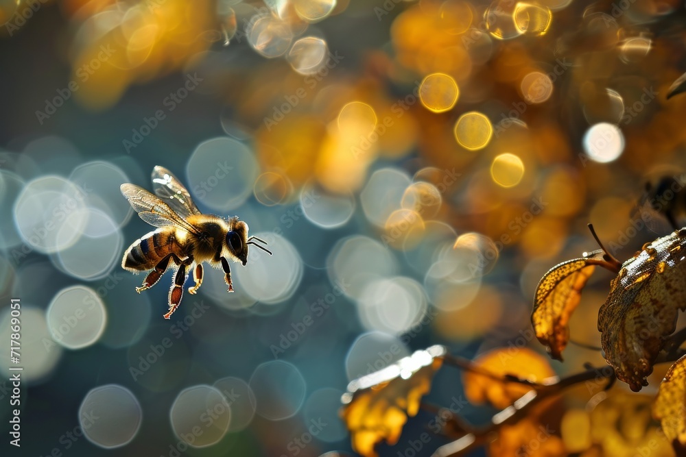 Poster in a realm where fantasy blurs with the micro wonders of nature, a single bee is captured in sharp r