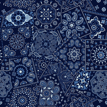 Paisley cashmere bandana fabric patchwork wallpaper vintage vector seamless pattern for scarf kerchief shirt fabric carpet rug tablecloth pillow