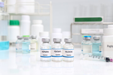 NALOXONE, HEPARIN, FENTANYL in a vial, Chemicals used in medicine