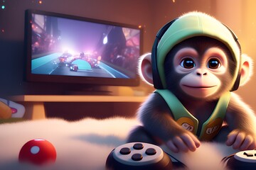 A cute baby monkey playing video games. Generative AI