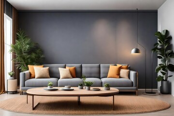 Fototapeta na wymiar cozy living room with grey sofa and brown cushions