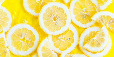 Lemon citrus slices in water, bold yellow texture summer background - 717870669
