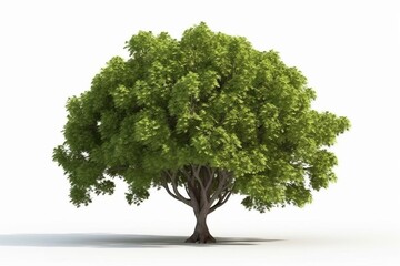 A large 3D tree with green leaves on a plain background. Generative AI