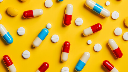 Tablets and capsules drugs for treatment on a yellow background top view