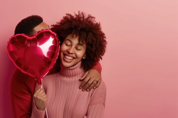 Valentine's Day A loving couple embraces, moment with a kiss on the cheek, against a soft pink backdrop. The woman smiles, heart-shaped red balloon, symbolizing love and celebration on Valentine's Day