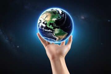 Close up of a green plant with leaves and 3d earth object growing from hand.ai generated