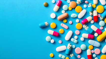 Tablets and capsules drugs for treatment on a blue background