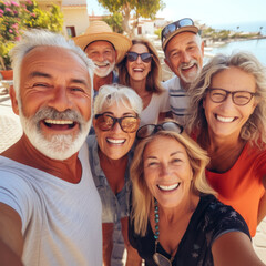 Obraz premium Sunny Smiles: Group Selfie Captures the Joy of Senior Summer Holiday