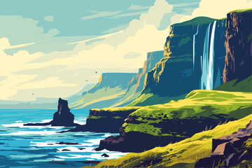 Beautiful seascape with a waterfall in Iceland. Vector illustration - obrazy, fototapety, plakaty