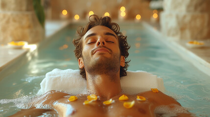man relaxing in the pool of spa and wellness center