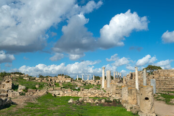 Columns and ruins in the ancient city of Salamis in Cyprus. Salamis Ruins, Famagusta, Turkish Republic of Northern Cyprus, CYPRUS. Tourist area of ​​the ruins of the city of Salamis.