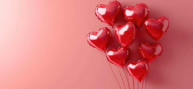 Valentine's Day Two metallic red heart-shaped balloons float against a vibrant pink backdrop, offering a minimalist yet evocative symbol of love and Valentine's Day celebration. Ai generated