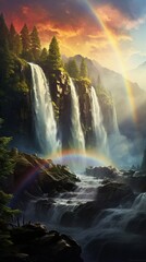 A double rainbow forming over a powerful waterfall, with the mist catching the sunlight to create a mesmerizing display of colors.