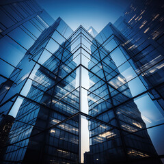 Symphony of Reflections, A Mesmerizing Tapestry of Glass and Steel Reaching for the Sky. Skyscraper glass mirror facade reflection. Abstract background design