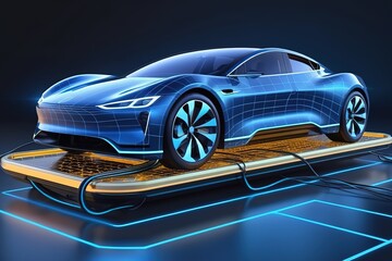 Fototapeta premium 3d lowpolygon electric car rendering illustration on mobile transportation online futuristic element for premium product.AI generated