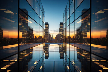 A mesmerizing and artistic depiction of a cityscapes reflection on a glass wall, creating a captivating abstract background design. Skyscraper glass mirror facade reflection - obrazy, fototapety, plakaty