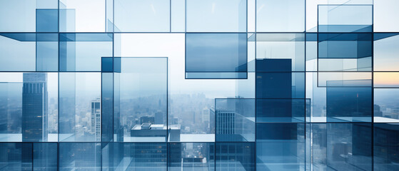 A mesmerizing composition of squares and rectangles forms an abstract cityscape, showcasing the vibrant energy of urban life. Skyscraper glass mirror facade reflection. Abstract background design