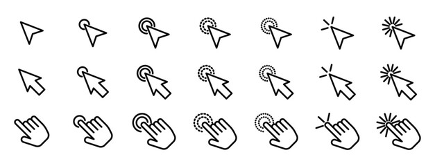 Click cursor arrow or hand vector icon set. click here hand button symbol. select finger computer mouse sign. tap or touch here icon set. - obrazy, fototapety, plakaty