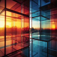 Witness the captivating beauty of a glass building harmoniously merging with a breathtaking sunset. Skyscraper glass mirror facade reflection. Abstract background design. Geometric perspective angle