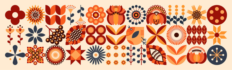 A positive illustration of the Ukrainian spring. Geometric floral pattern. Scandinavian mosaic style. The concept of ecological agriculture, farming, botany and poultry farming. Orange tones - obrazy, fototapety, plakaty