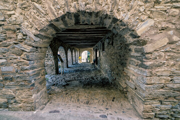 Medieval arcades in Yanguas. Soria. Spain. Europe.