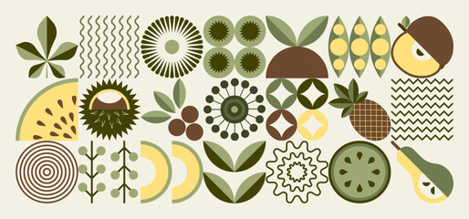 Geometric pattern of food. Mosaic style. Natural organic fruit plants. Simple forms. Ukrainian style Easter illustration	
