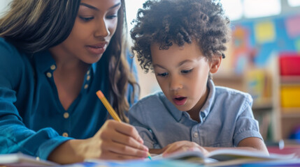 young child and an adult focused on writing in a notebook