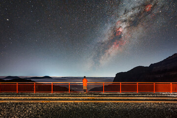 Solitary Observer Enthralled by the Milky Way Above a Mountainous Horizon at Night
