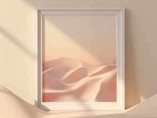 3d empty mockup frame set against an abstract background. Artistic representation of sand dunes in a white frame, casting soft shadows in warm light.
