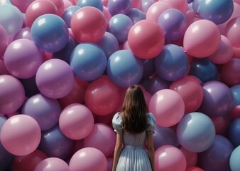 Fototapeta na wymiar Woman Standing in Front of Wall of Balloons