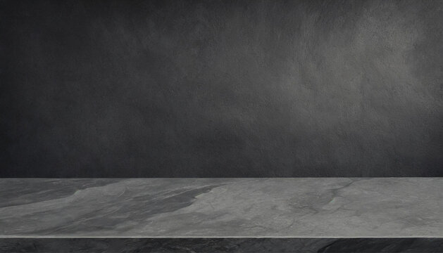 Grey marble tabletop with dark black cement stone background for product displayed in rustic mood and tone
