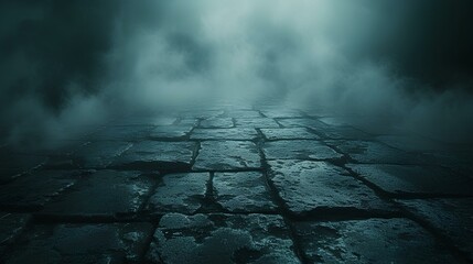 Mist enveloping the stone floor in the dark. terrifying, spooky atmosphere. generative AI