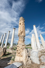 Columns and ruins in the ancient city of Salamis in Cyprus. Salamis Ruins, Famagusta, Turkish Republic of Northern Cyprus, CYPRUS. Tourist area of ​​the ruins of the city of Salamis.