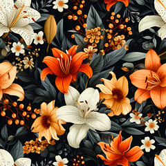 Seamless pattern lily flowers and leaves on dark background