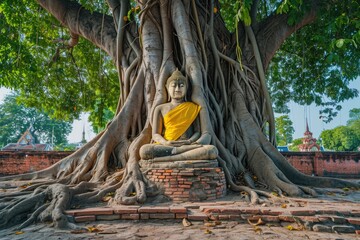 Ancient buddha statue under big tree.