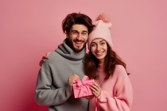 Valentine's Day moment captured between couple, as he gives her a tender kiss on the cheek while she joyfully holds a gift. in cozy sweaters, smiles suggest a comfortable and loving relationship. Ai g