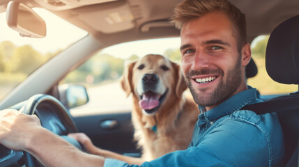 moment of joy as a young man with a bright smile is seated in a car, with a golden retriever beside him - obrazy, fototapety, plakaty