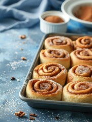 Homemade cinnamon rolls on a gray earthenware tray on blue background