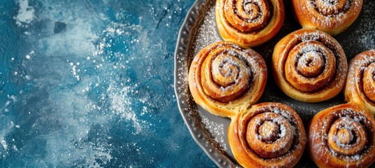 Homemade cinnamon rolls on a gray earthenware tray on blue background - Powered by Adobe