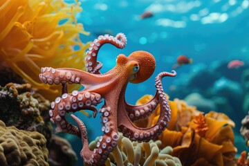 Octopus and coral reef in the sea. - obrazy, fototapety, plakaty