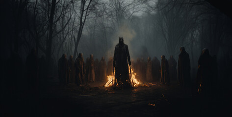 night in the forest, fire in the forest, cult ritual forest bonfire sacrifice evil