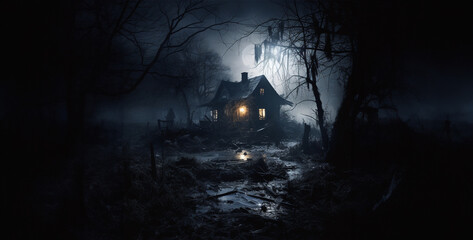 Fototapeta na wymiar spooky halloween night, halloween background with bats, house with evil inhabitants ethere